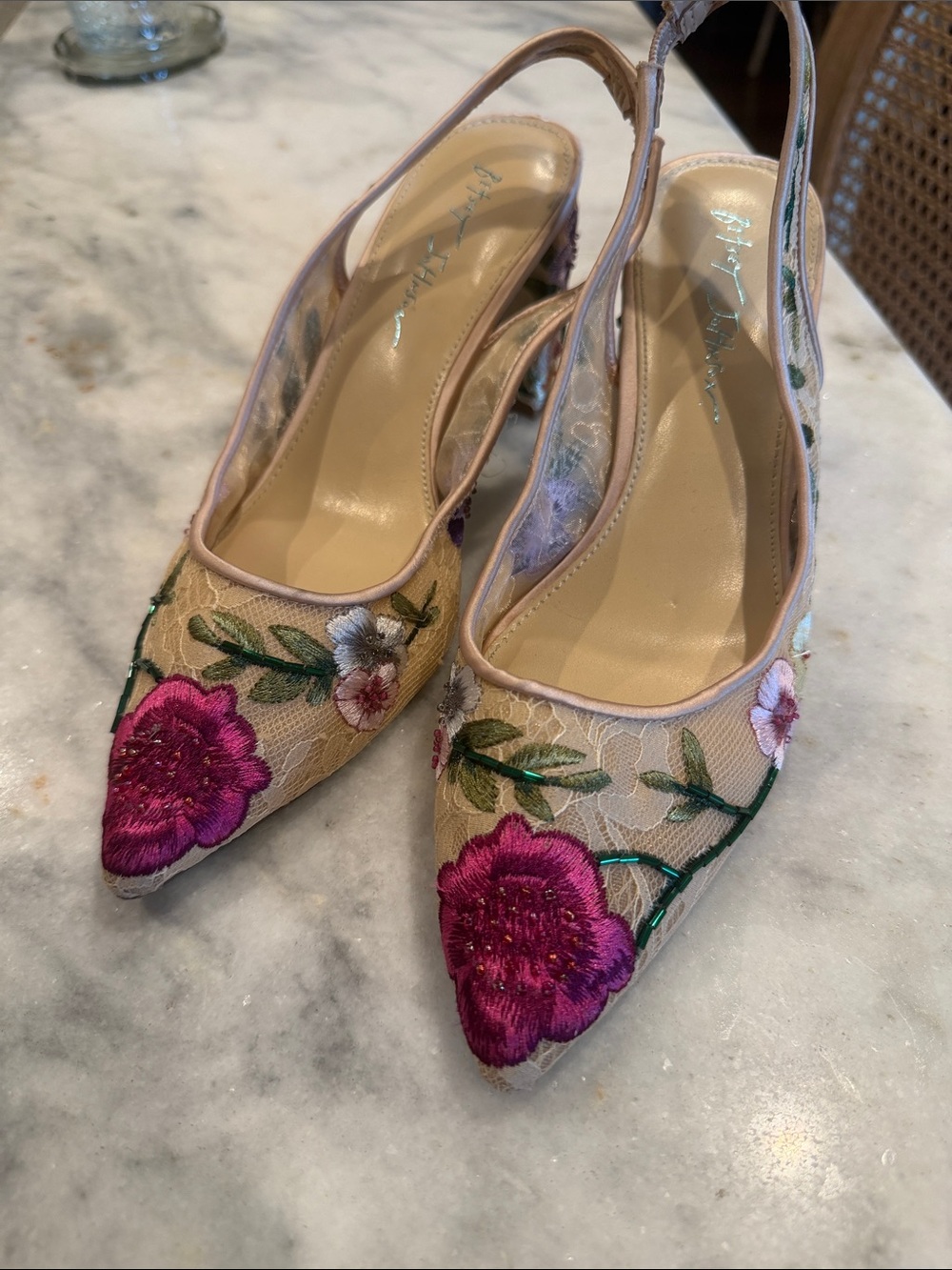 Betsey Johnson Beige Floral Embroidered Slingback Heels